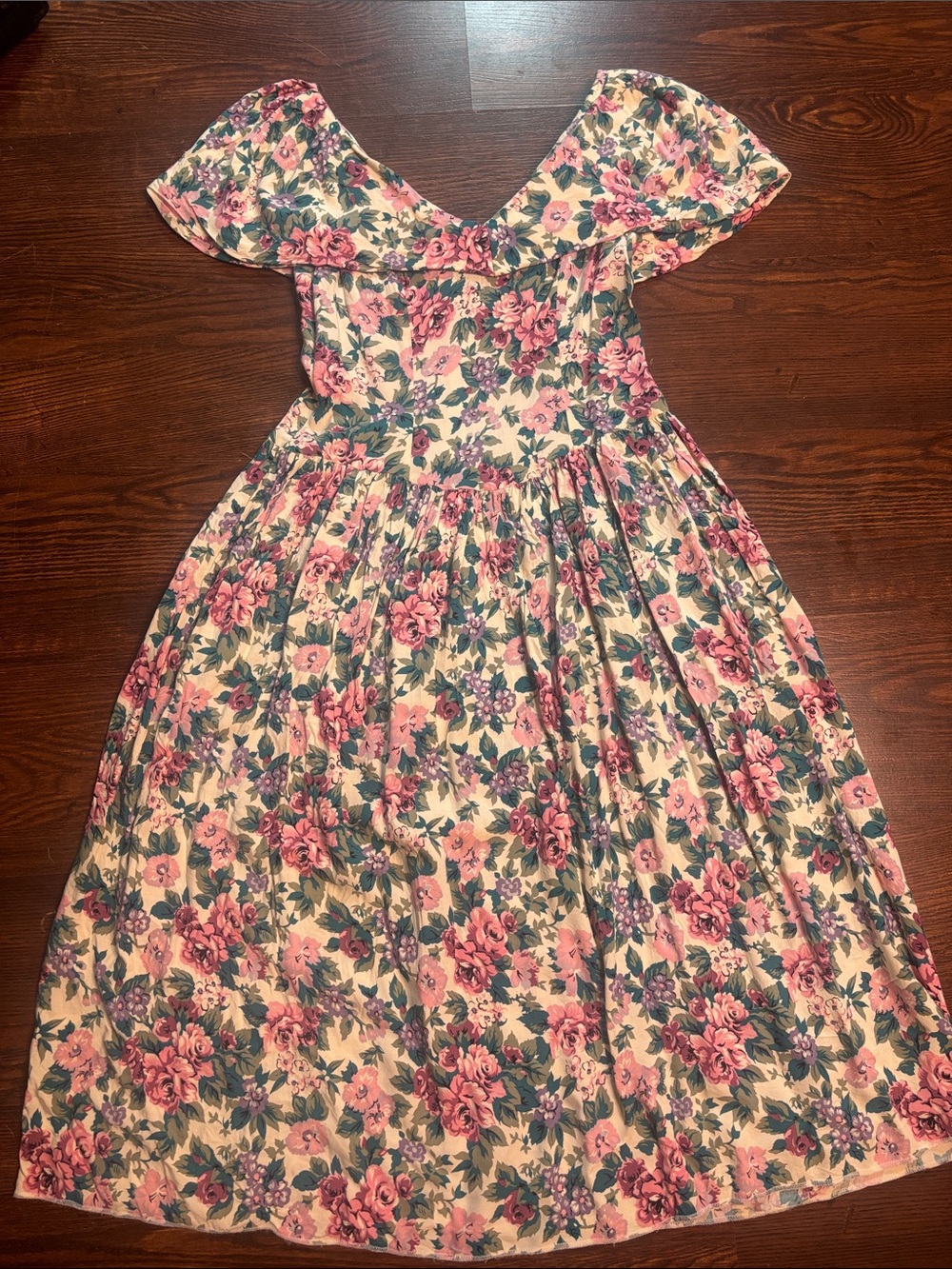 Vintage 1980s Floral Pink and Green Off-Shoulder Dress